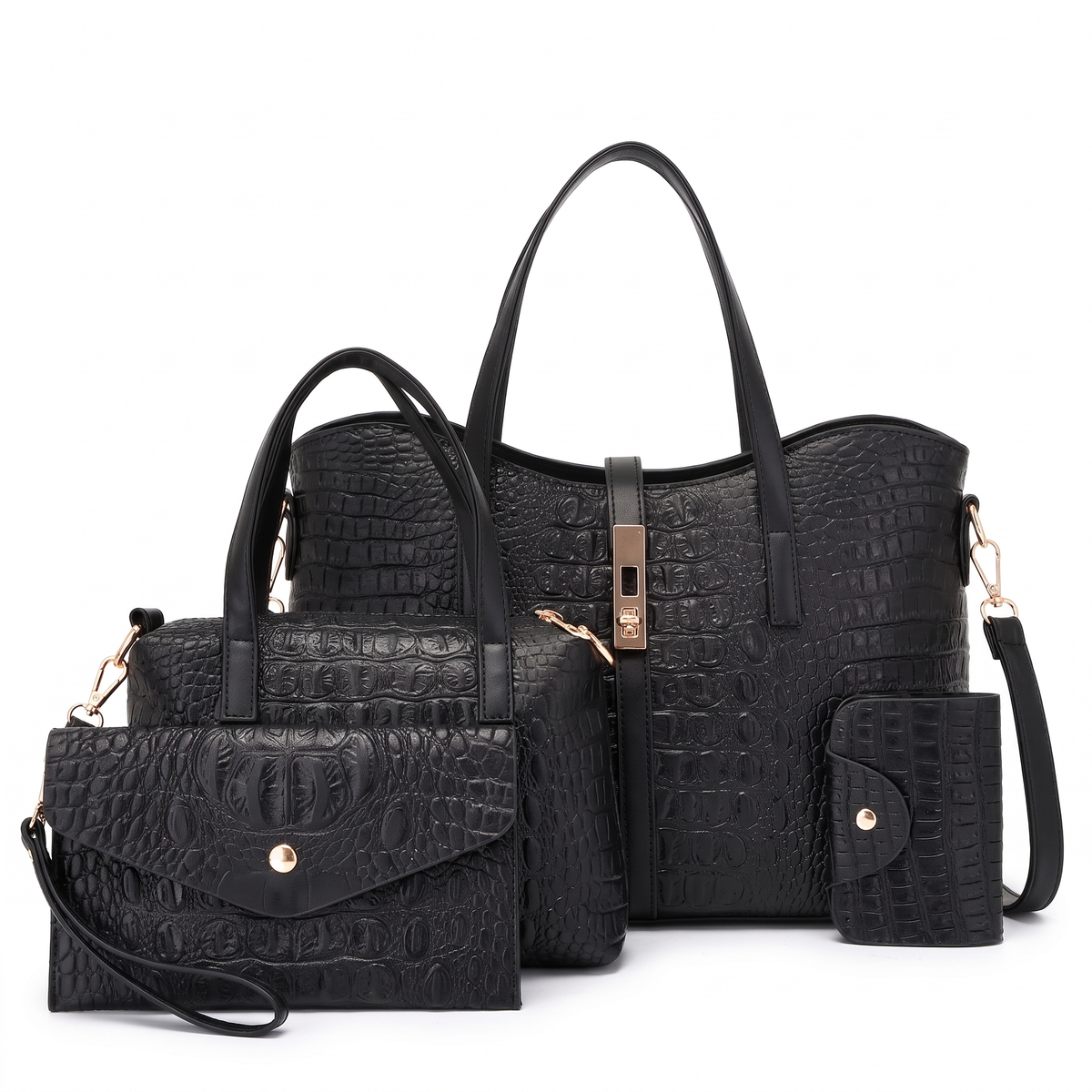4-Piece Handbag and Purse Set, Black Croc Tote Bag with Top Handle Bag, Clutch and Card Holder – Gift Set for Her