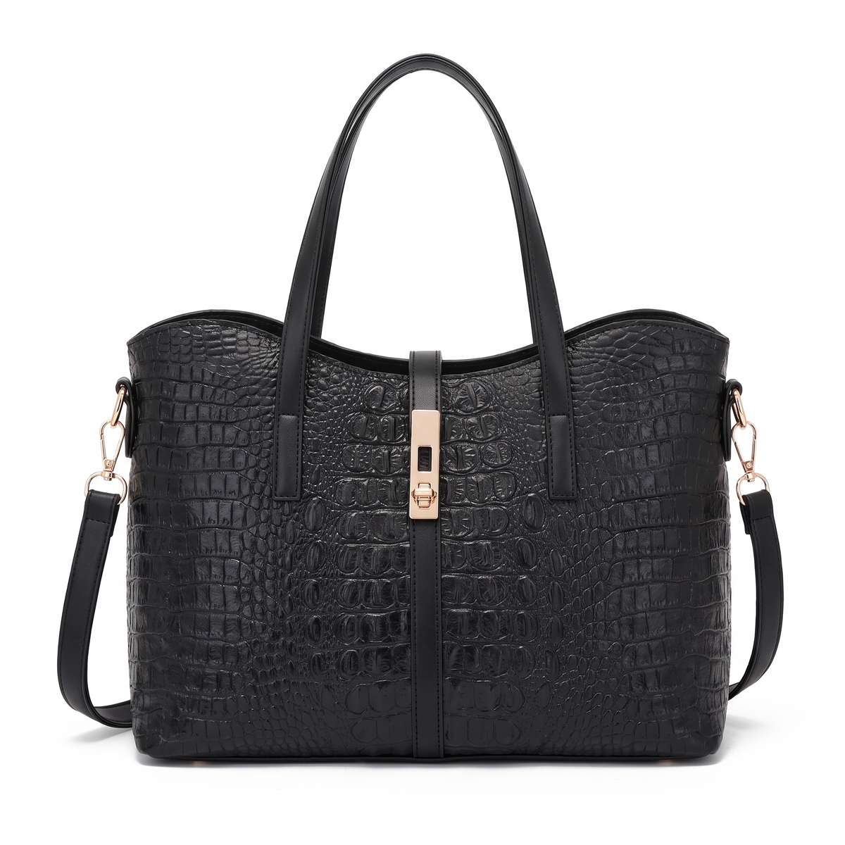 4-Piece Handbag and Purse Set, Black Croc Tote Bag with Top Handle Bag, Clutch and Card Holder – Gift Set for Her