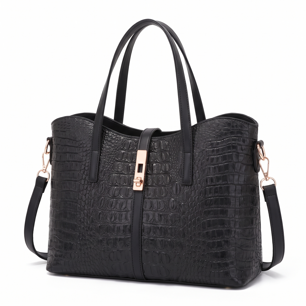 4-Piece Handbag and Purse Set, Black Croc Tote Bag with Top Handle Bag, Clutch and Card Holder – Gift Set for Her