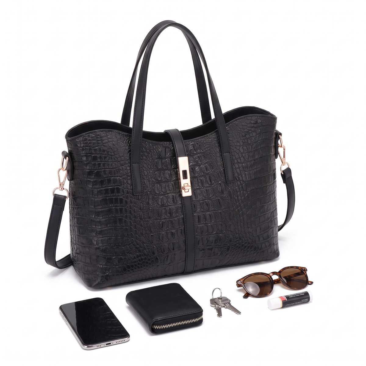 4-Piece Handbag and Purse Set, Black Croc Tote Bag with Top Handle Bag, Clutch and Card Holder – Gift Set for Her