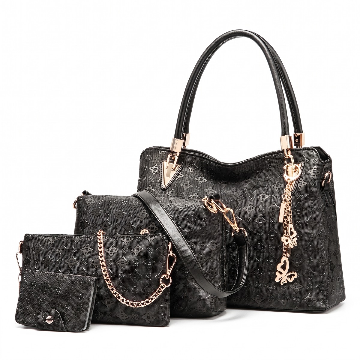 4-Piece Handbag and Purse Set, Embossed Tote Bag with Shoulder Bag, Clutch and Card Holder – Gift Set for Her