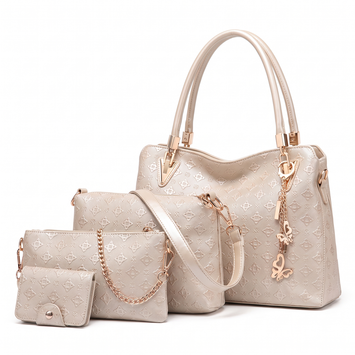 4-Piece Handbag and Purse Set, Embossed Tote Bag with Shoulder Bag, Clutch and Card Holder – Gift Set for Her