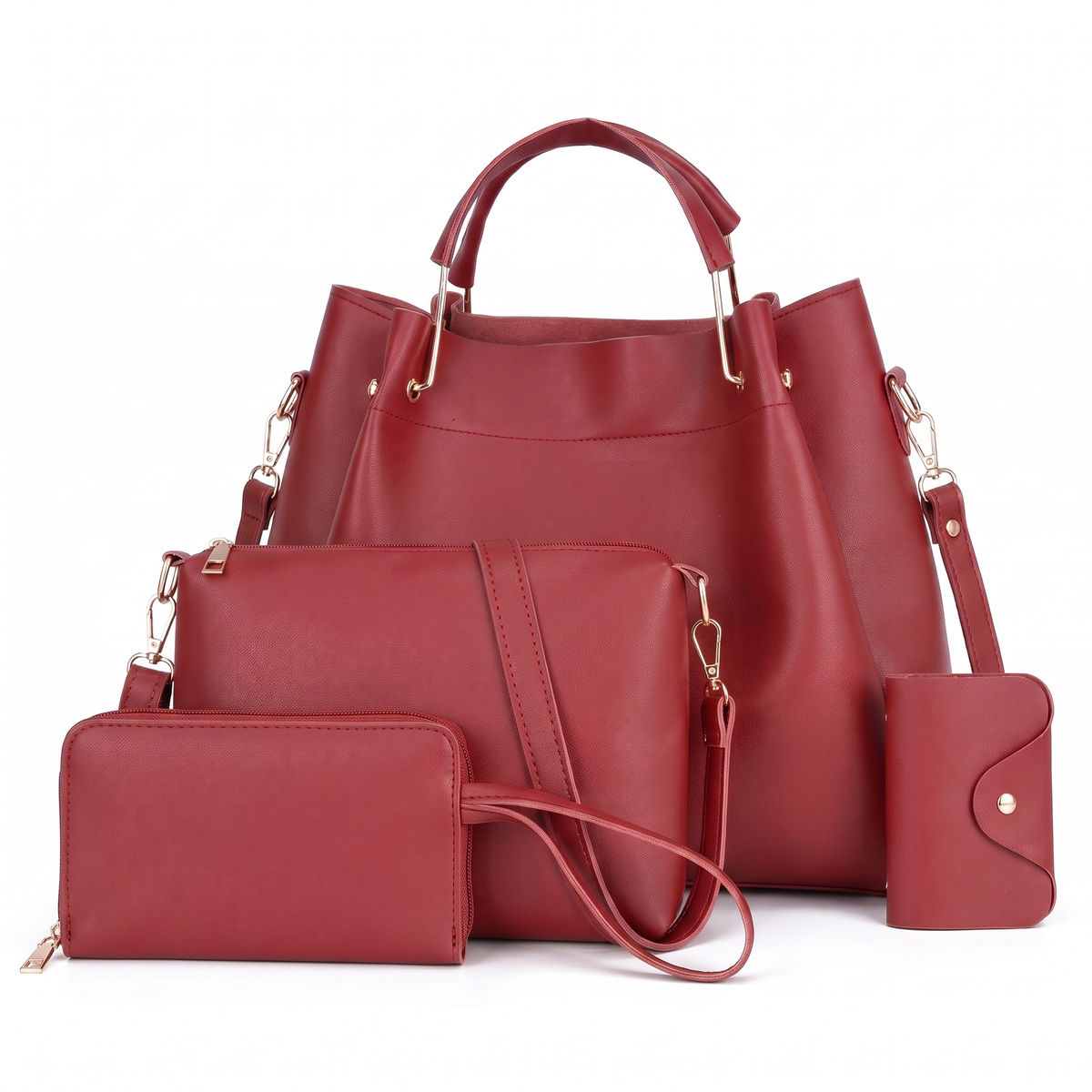 4-Piece Handbag and Purse Set, Bucket Bag with Crossbody Bag, Wristlet and Card Holder – Gift Set for Her