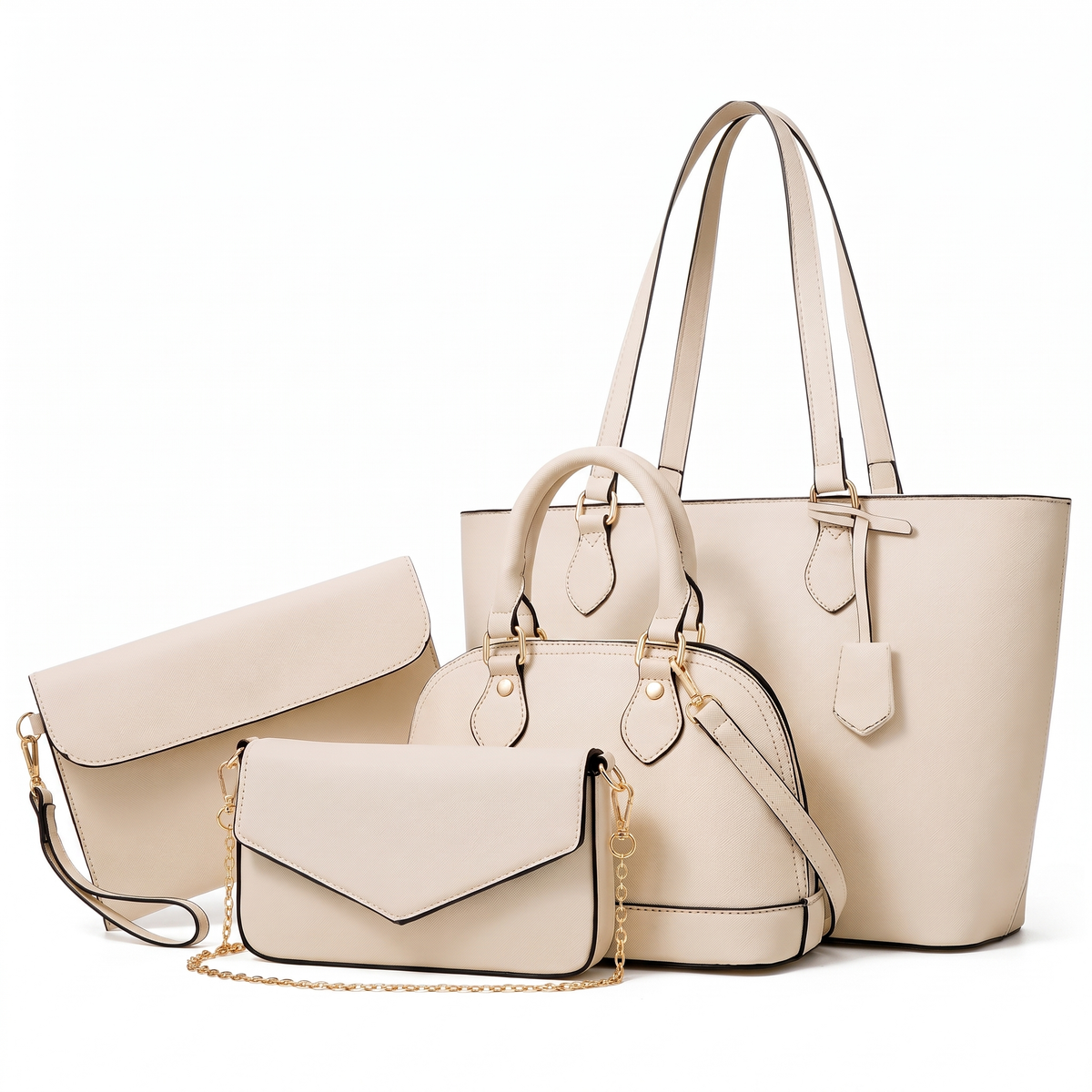4-Piece Handbag and Purse Set, Cream Tote Bag with Dome Bag, Crossbody Bag and Clutch – Gift Set for Her