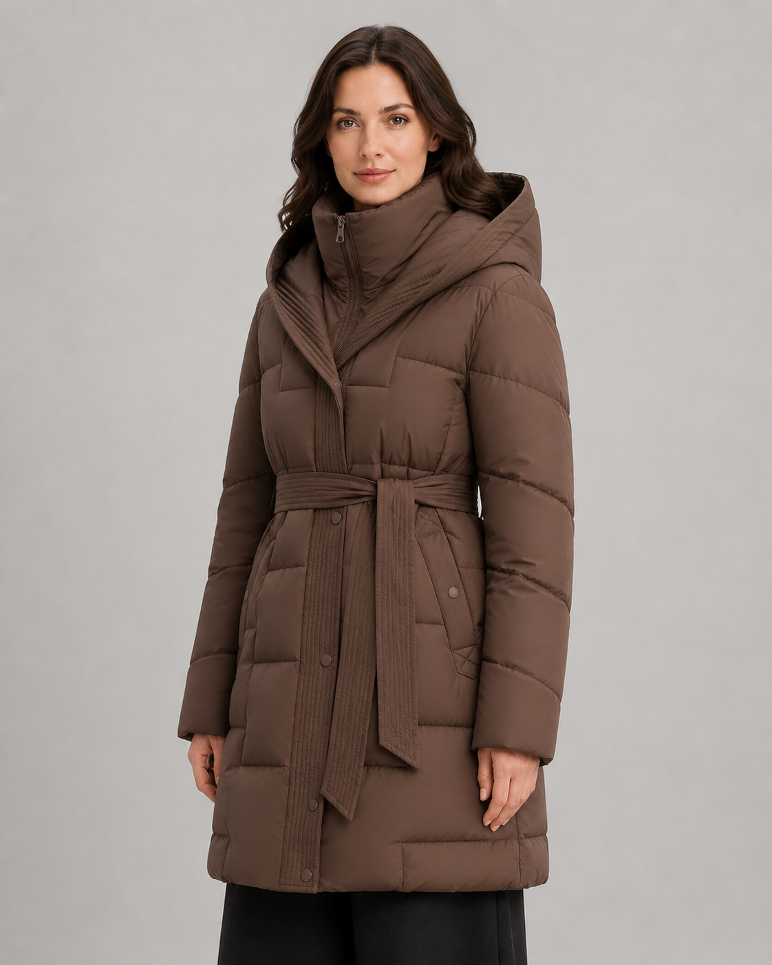 Women's Hooded Longline Puffer Parka – Self Tie Waist Belt