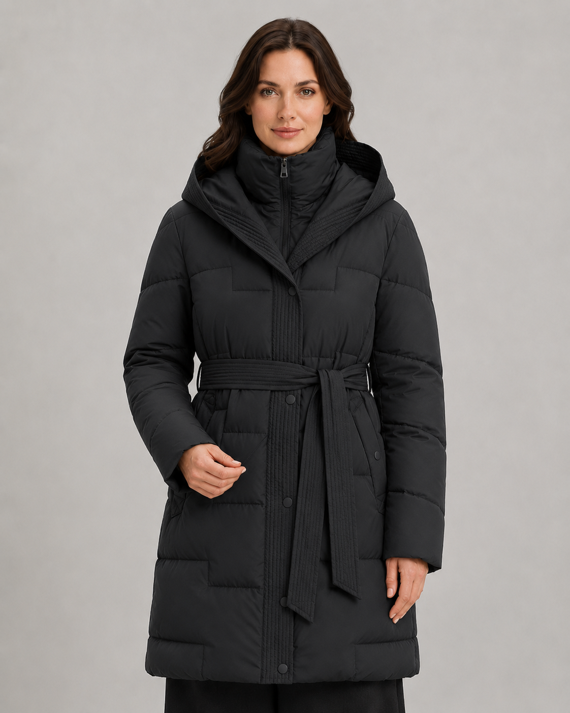 Women's Hooded Longline Puffer Parka – Self Tie Waist Belt