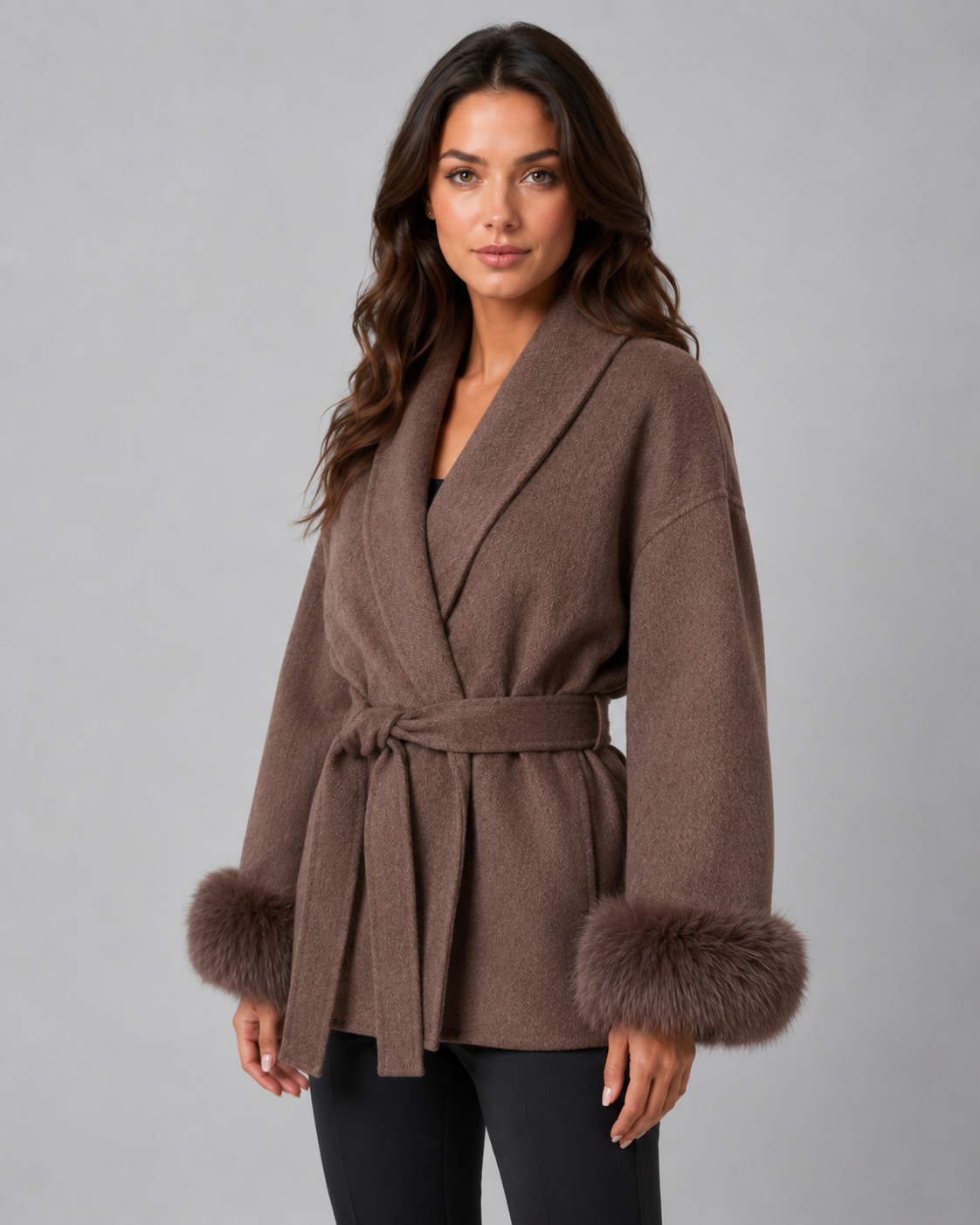 Women's Shawl Collar Belted Wrap Coat – Faux Fur Cuffs