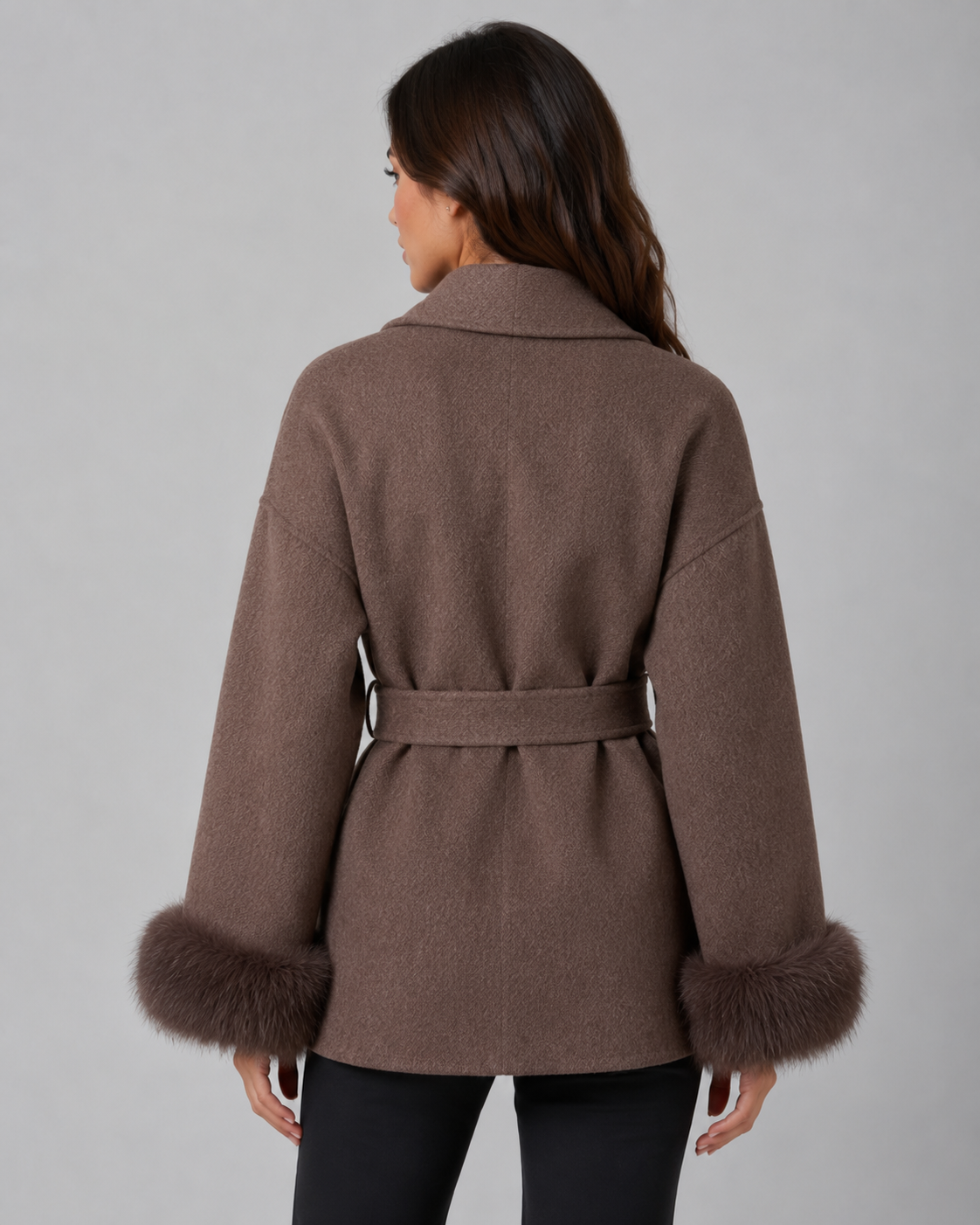 Women's Shawl Collar Belted Wrap Coat – Faux Fur Cuffs
