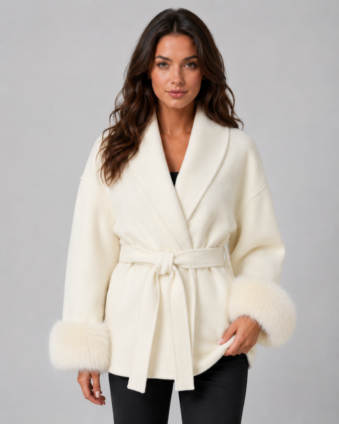 Women's Shawl Collar Belted Wrap Coat – Faux Fur Cuffs
