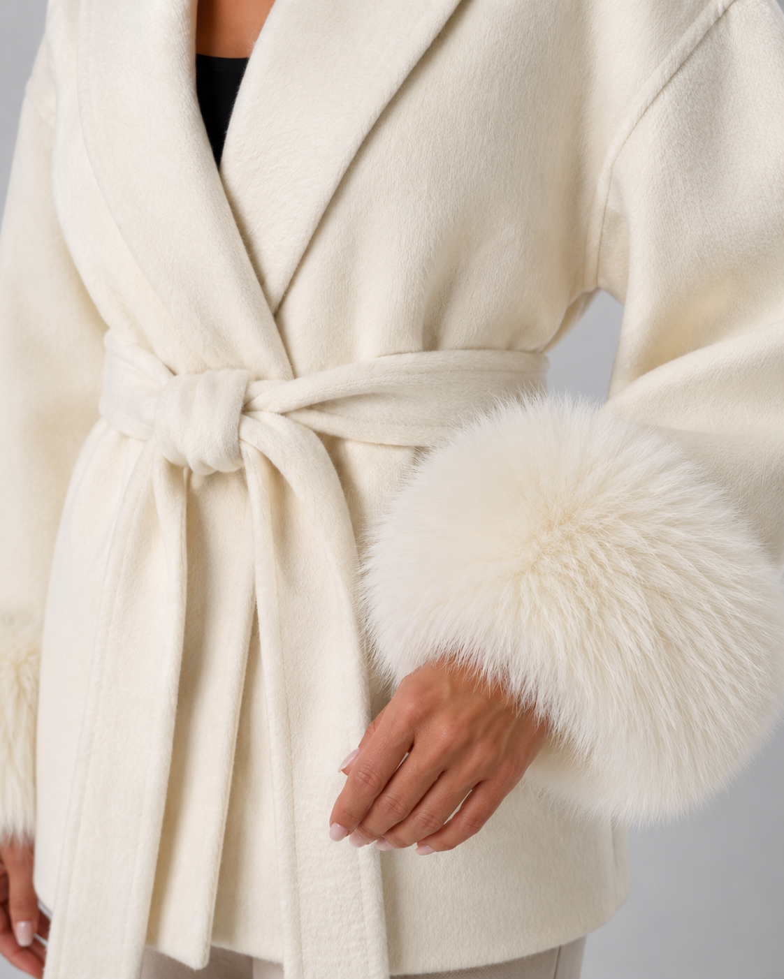Women's Shawl Collar Belted Wrap Coat – Faux Fur Cuffs
