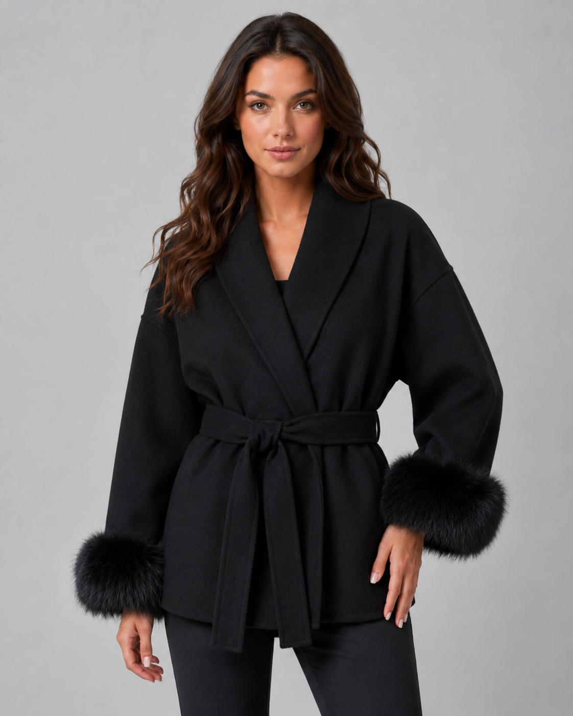 Women's Shawl Collar Belted Wrap Coat – Faux Fur Cuffs