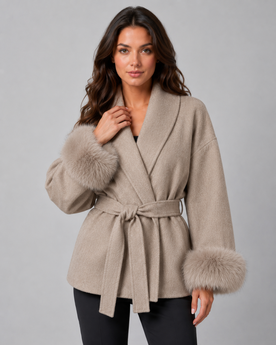 Women's Shawl Collar Belted Wrap Coat – Faux Fur Cuffs