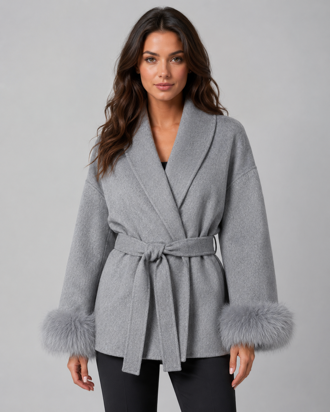 Women's Shawl Collar Belted Wrap Coat – Faux Fur Cuffs