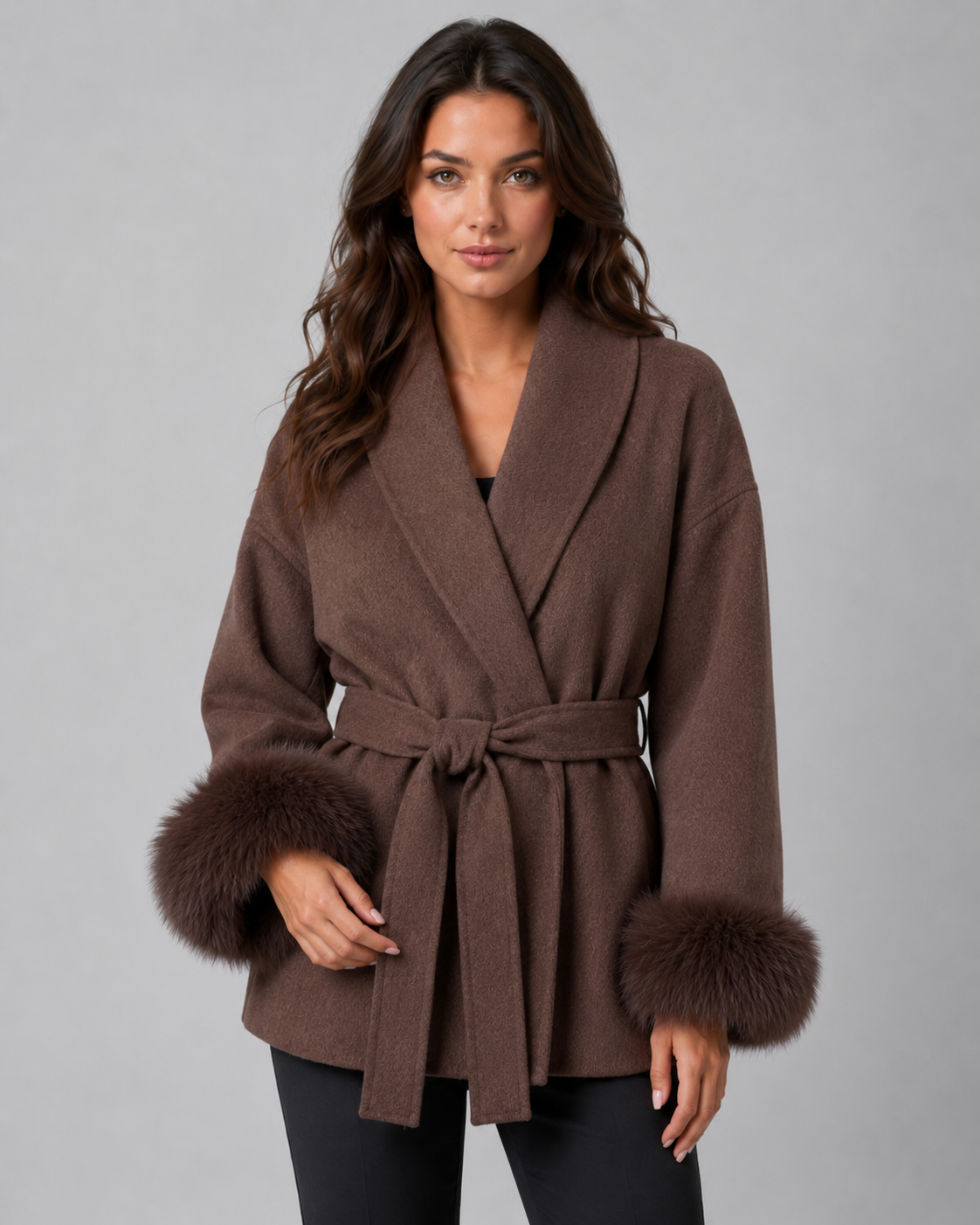 Women's Shawl Collar Belted Wrap Coat – Faux Fur Cuffs