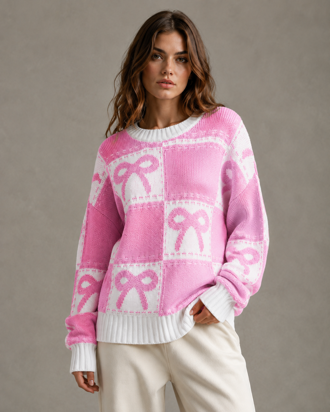Women's Checkerboard Bow Knit Jumper – Relaxed Fit