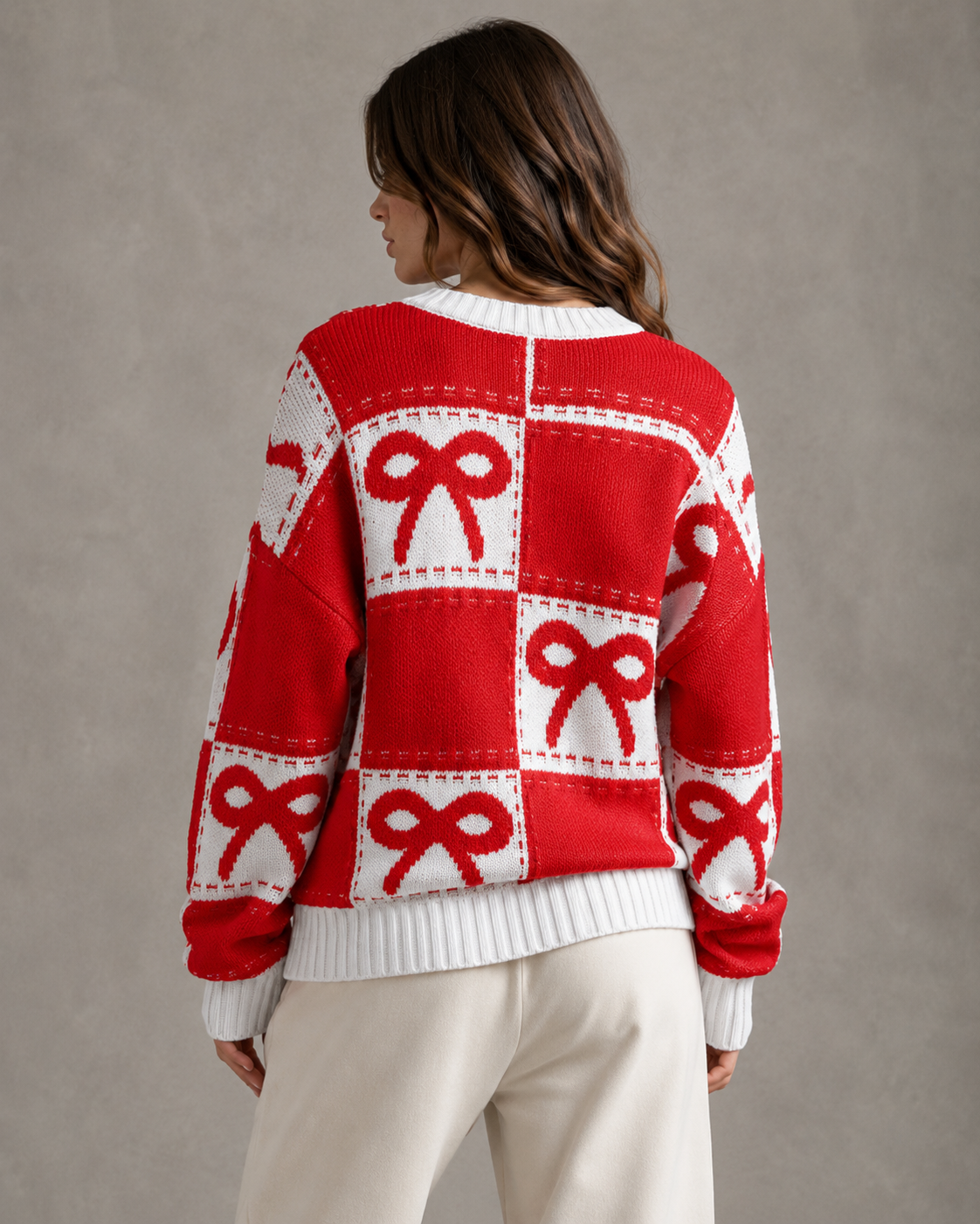 Women's Checkerboard Bow Knit Jumper – Relaxed Fit