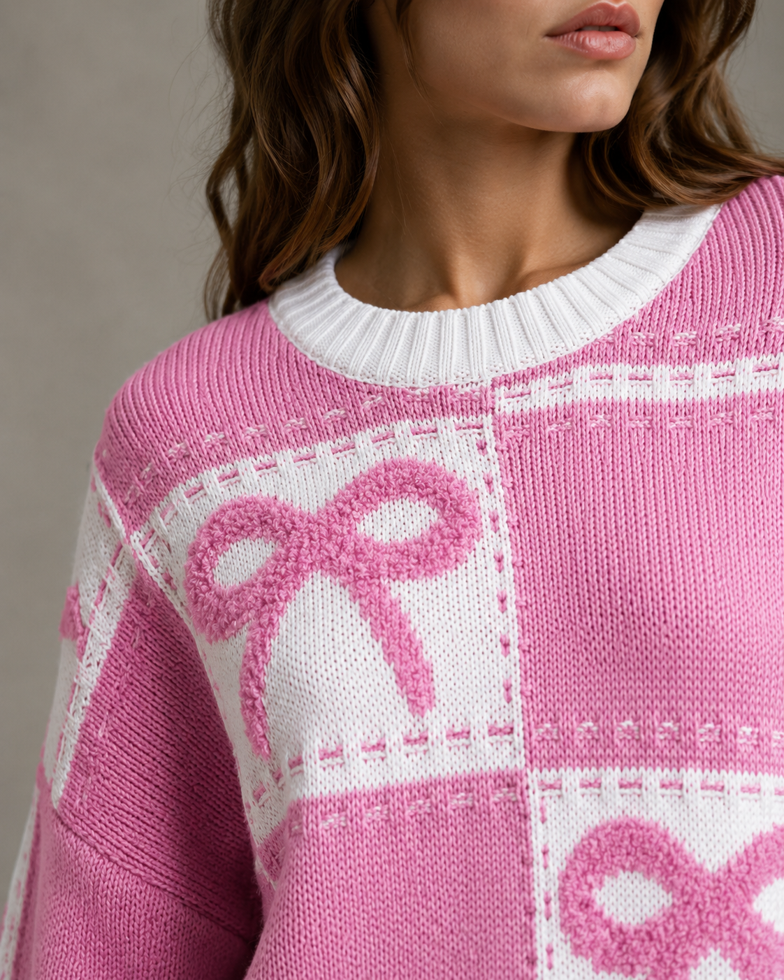 Women's Checkerboard Bow Knit Jumper – Relaxed Fit