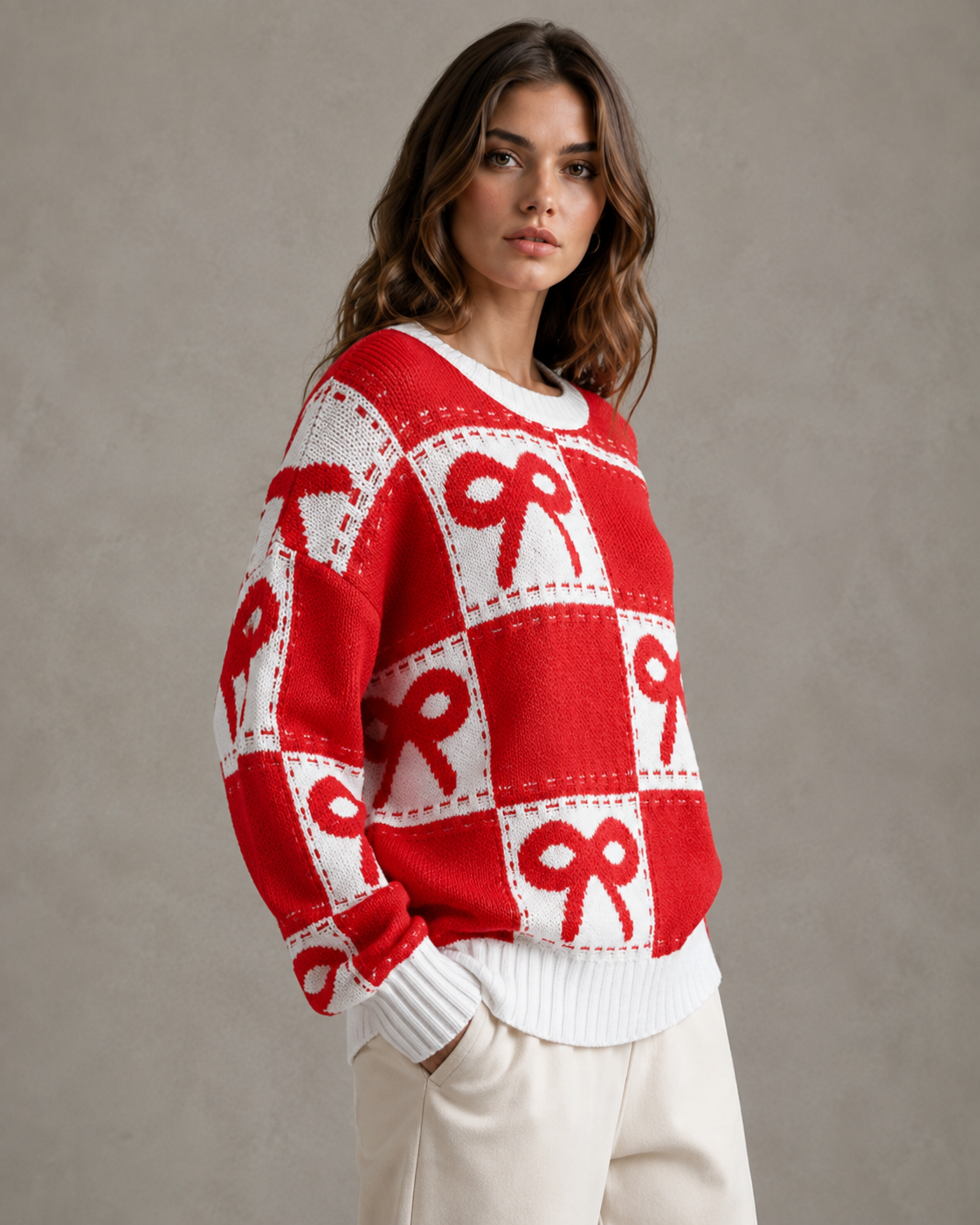 Women's Checkerboard Bow Knit Jumper – Relaxed Fit