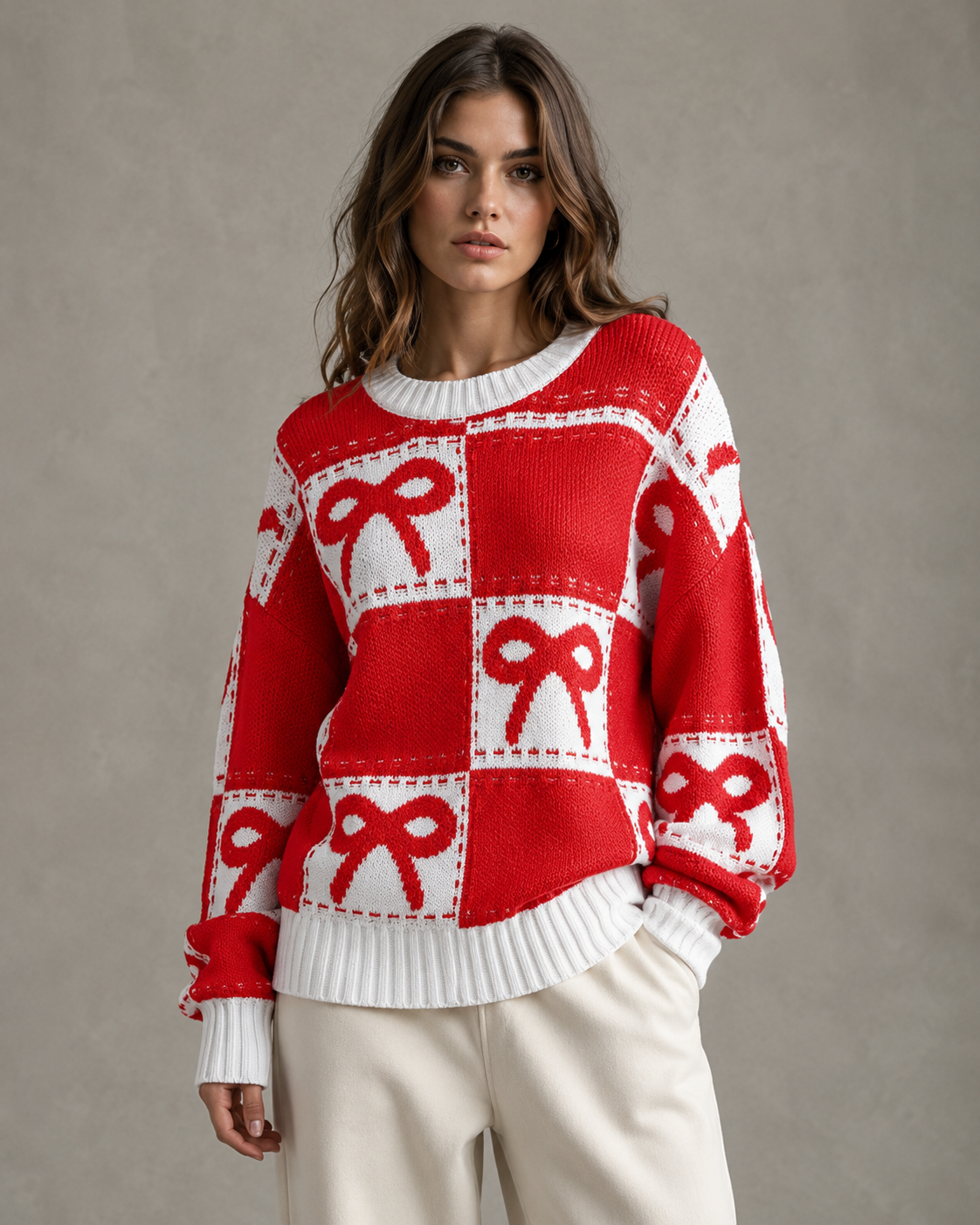 Women's Checkerboard Bow Knit Jumper – Relaxed Fit