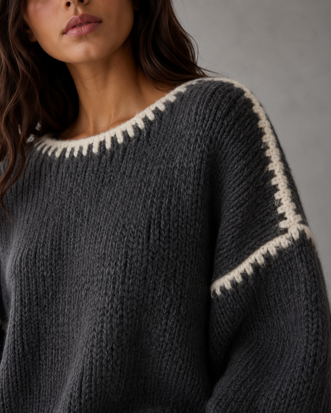 Women's Oversized Chunky Knit Jumper – Contrast Stitch Trim