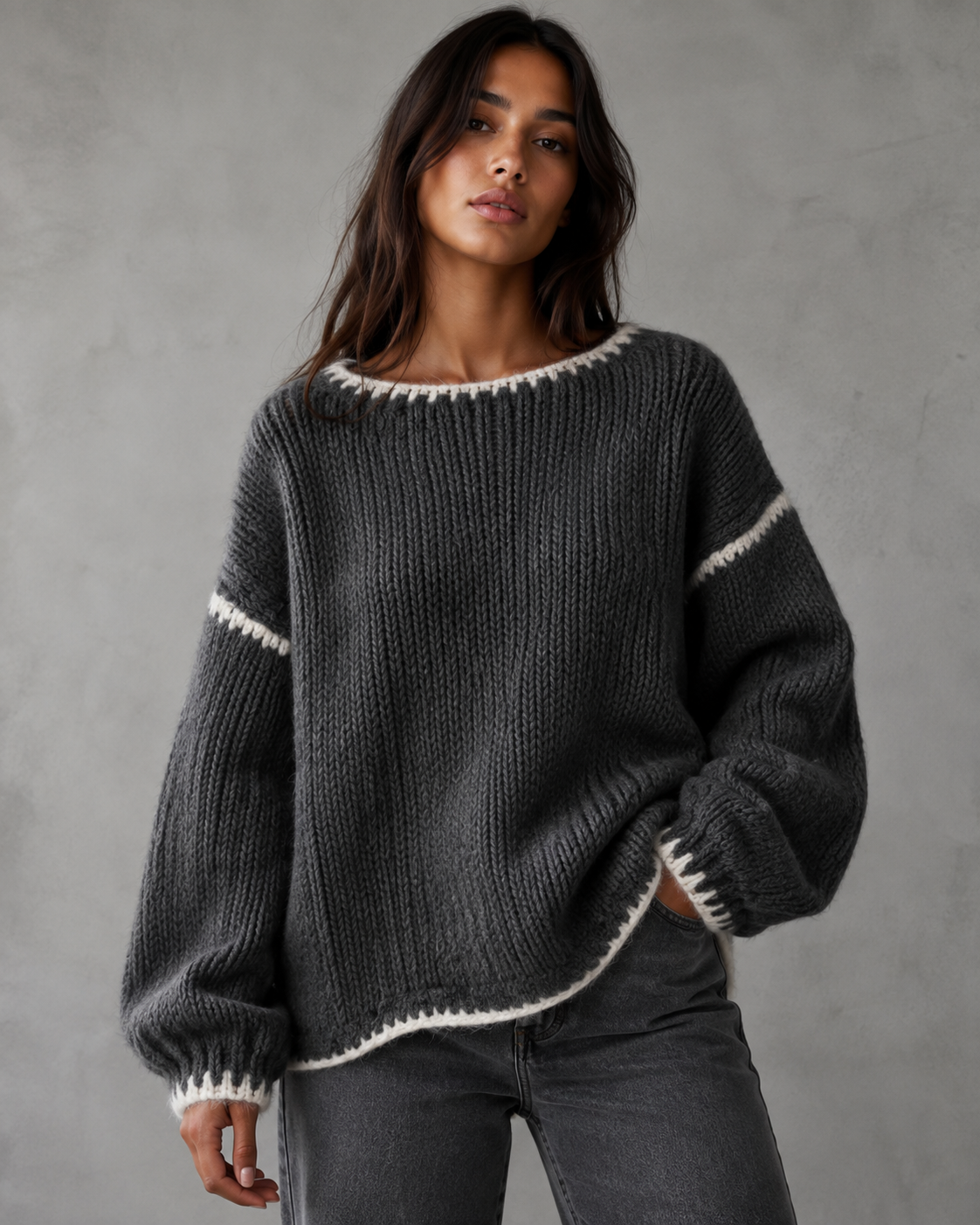 Women's Oversized Chunky Knit Jumper – Contrast Stitch Trim