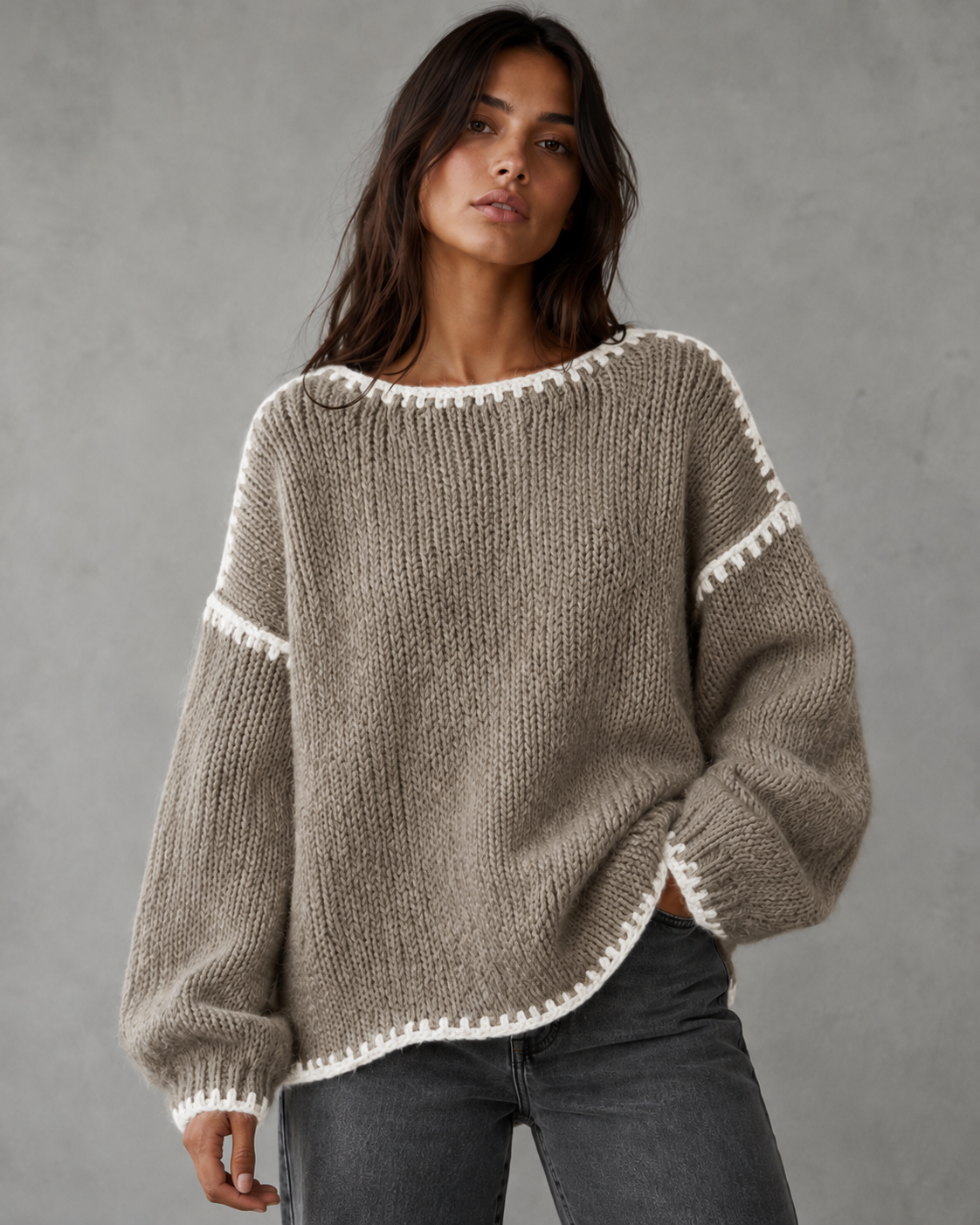 Women's Oversized Chunky Knit Jumper – Contrast Stitch Trim