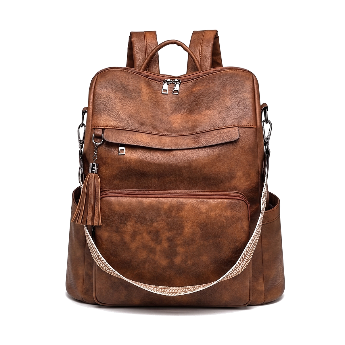 Convertible Faux Leather Backpack for Women, Cognac Work Backpack Purse