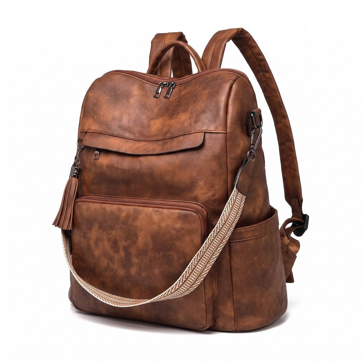 Convertible Faux Leather Backpack for Women, Cognac Work Backpack Purse