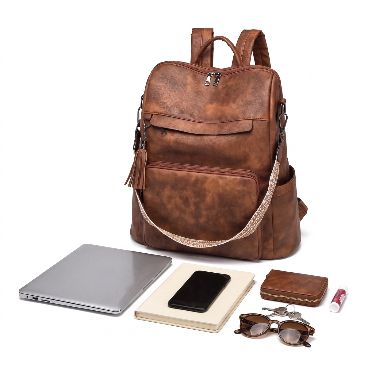 Convertible Faux Leather Backpack for Women, Cognac Work Backpack Purse
