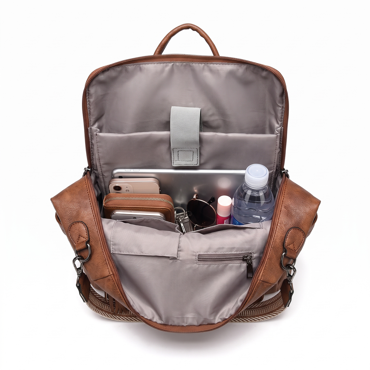 Convertible Faux Leather Backpack for Women, Cognac Work Backpack Purse