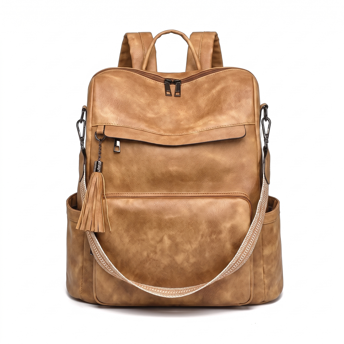 Convertible Faux Leather Backpack for Women, Cognac Work Backpack Purse
