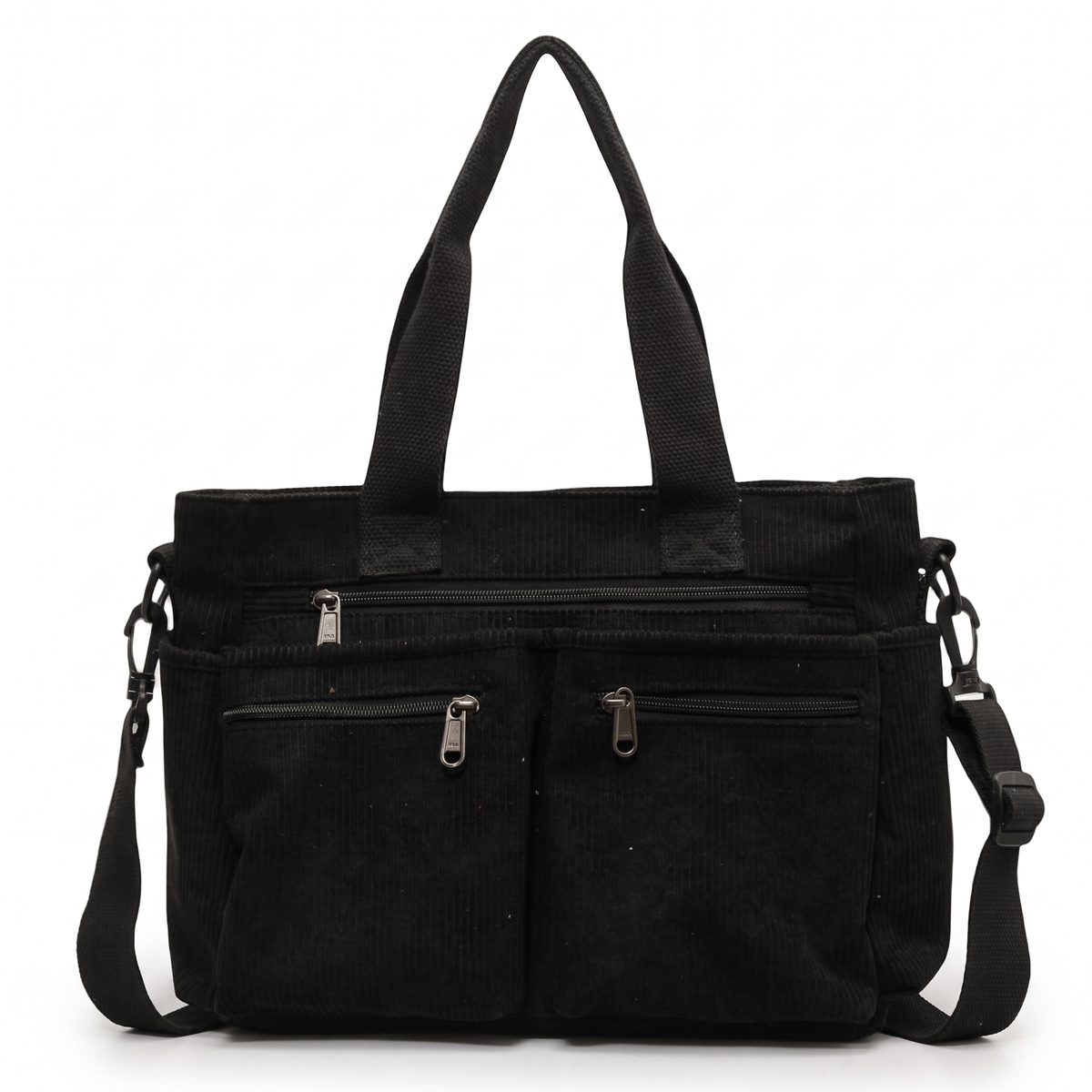 Corduroy Tote Bag for Women, Black Multi-Pocket Shoulder Bag