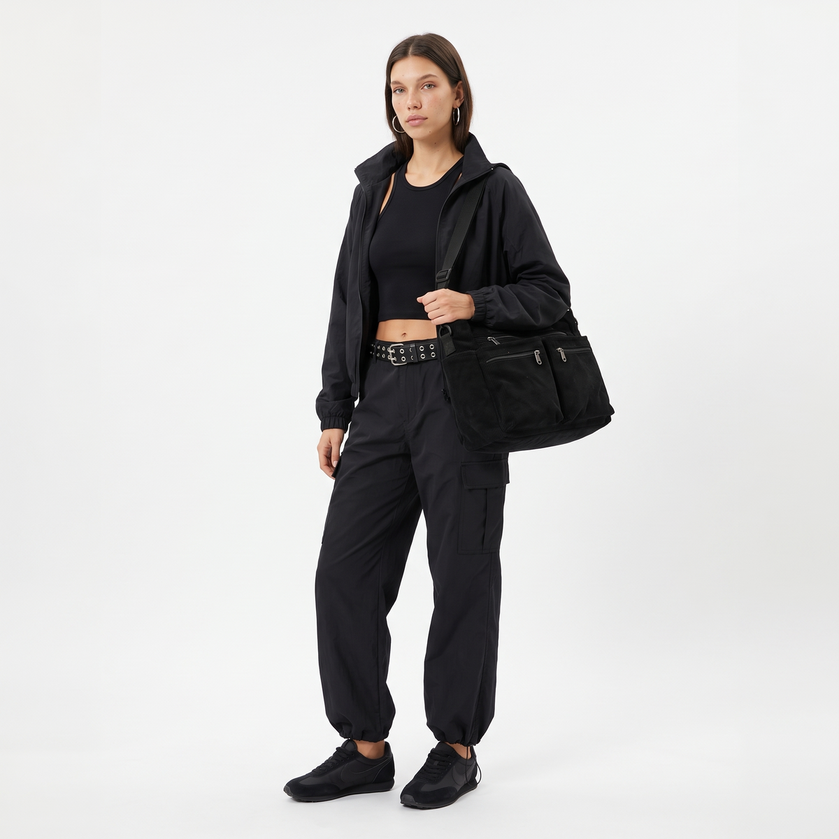 Corduroy Tote Bag for Women, Black Multi-Pocket Shoulder Bag