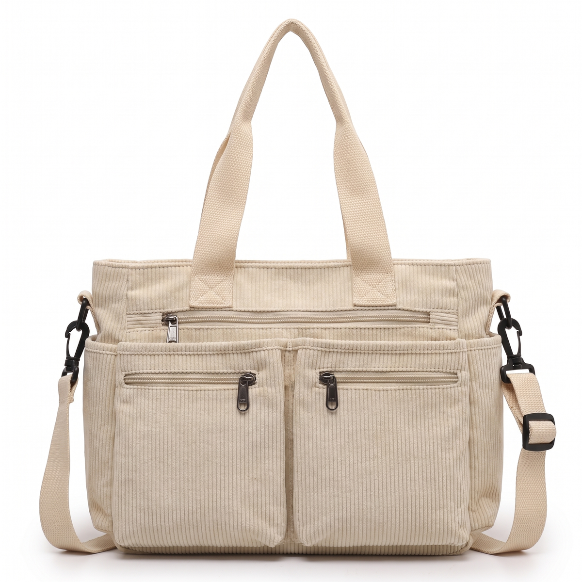 Corduroy Tote Bag for Women, Black Multi-Pocket Shoulder Bag