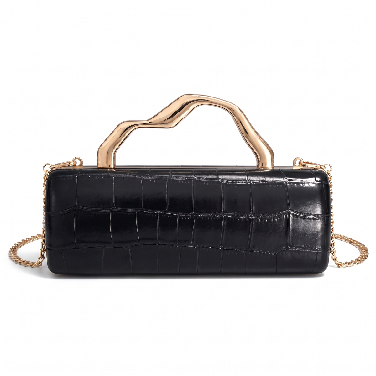 Croc Faux Leather Box Clutch for Women, Black Gold Wave Handle Evening Bag