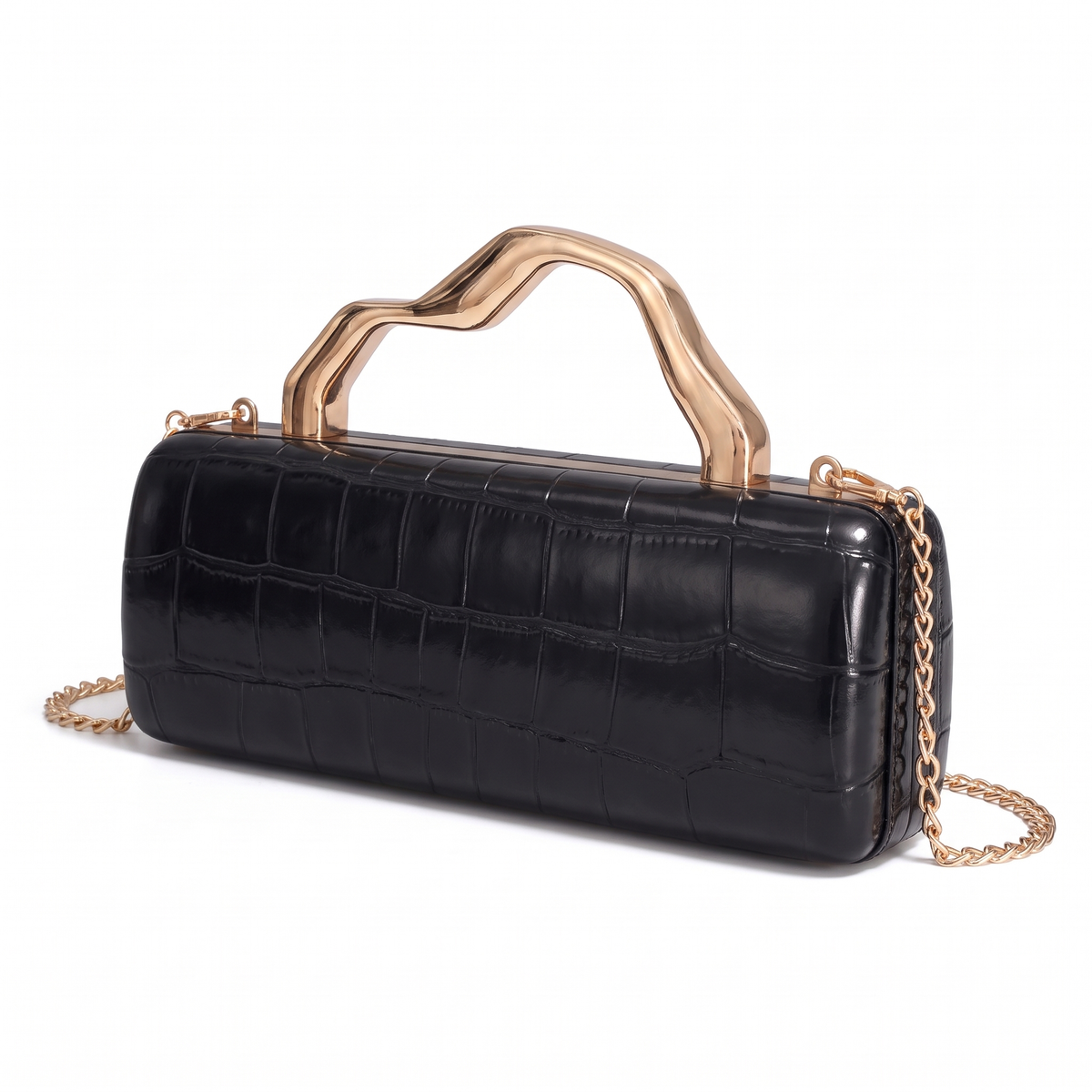 Croc Faux Leather Box Clutch for Women, Black Gold Wave Handle Evening Bag