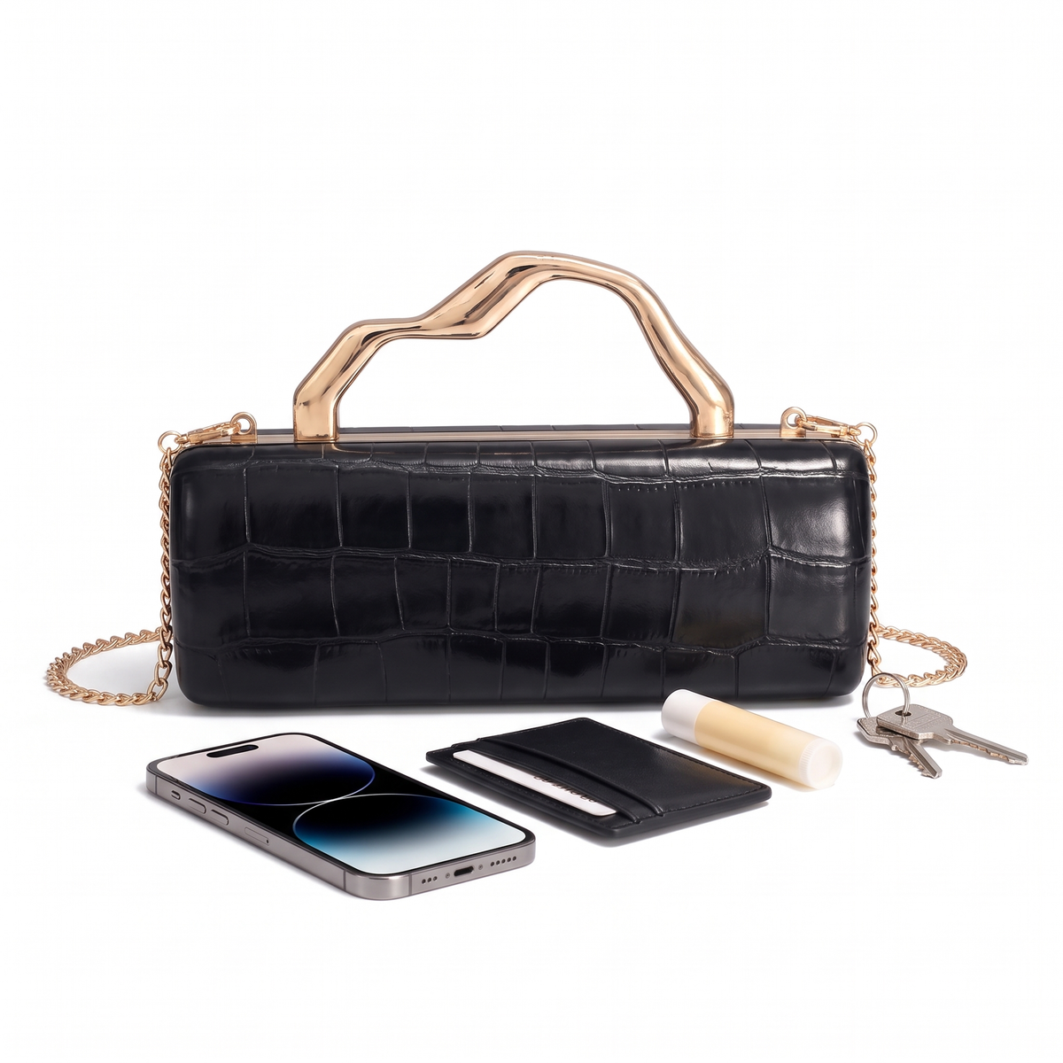 Croc Faux Leather Box Clutch for Women, Black Gold Wave Handle Evening Bag
