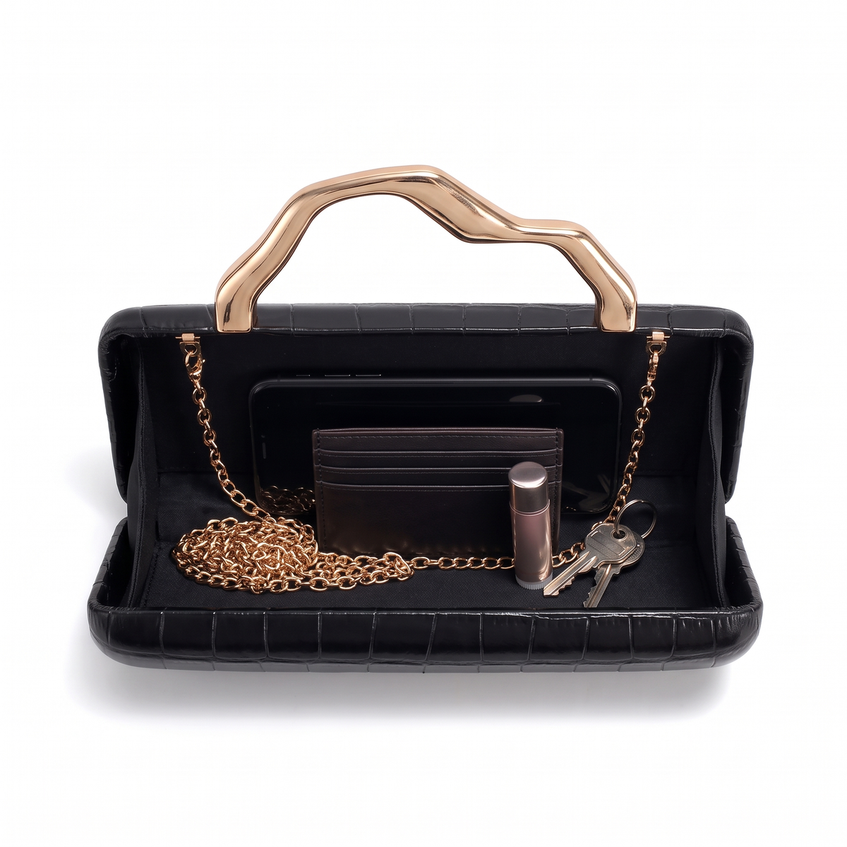 Croc Faux Leather Box Clutch for Women, Black Gold Wave Handle Evening Bag