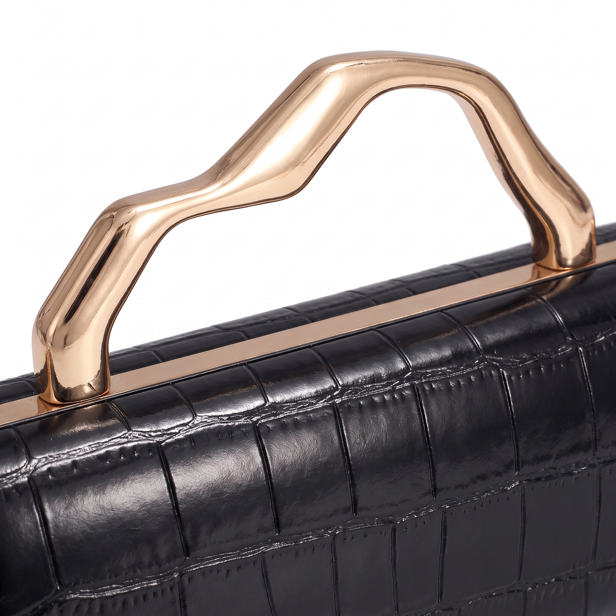 Croc Faux Leather Box Clutch for Women, Black Gold Wave Handle Evening Bag