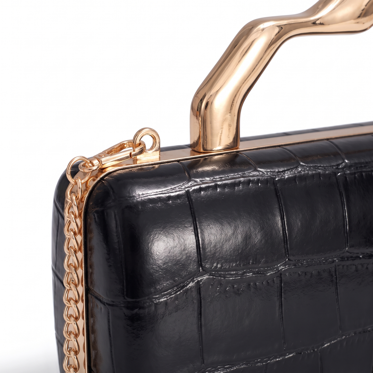 Croc Faux Leather Box Clutch for Women, Black Gold Wave Handle Evening Bag
