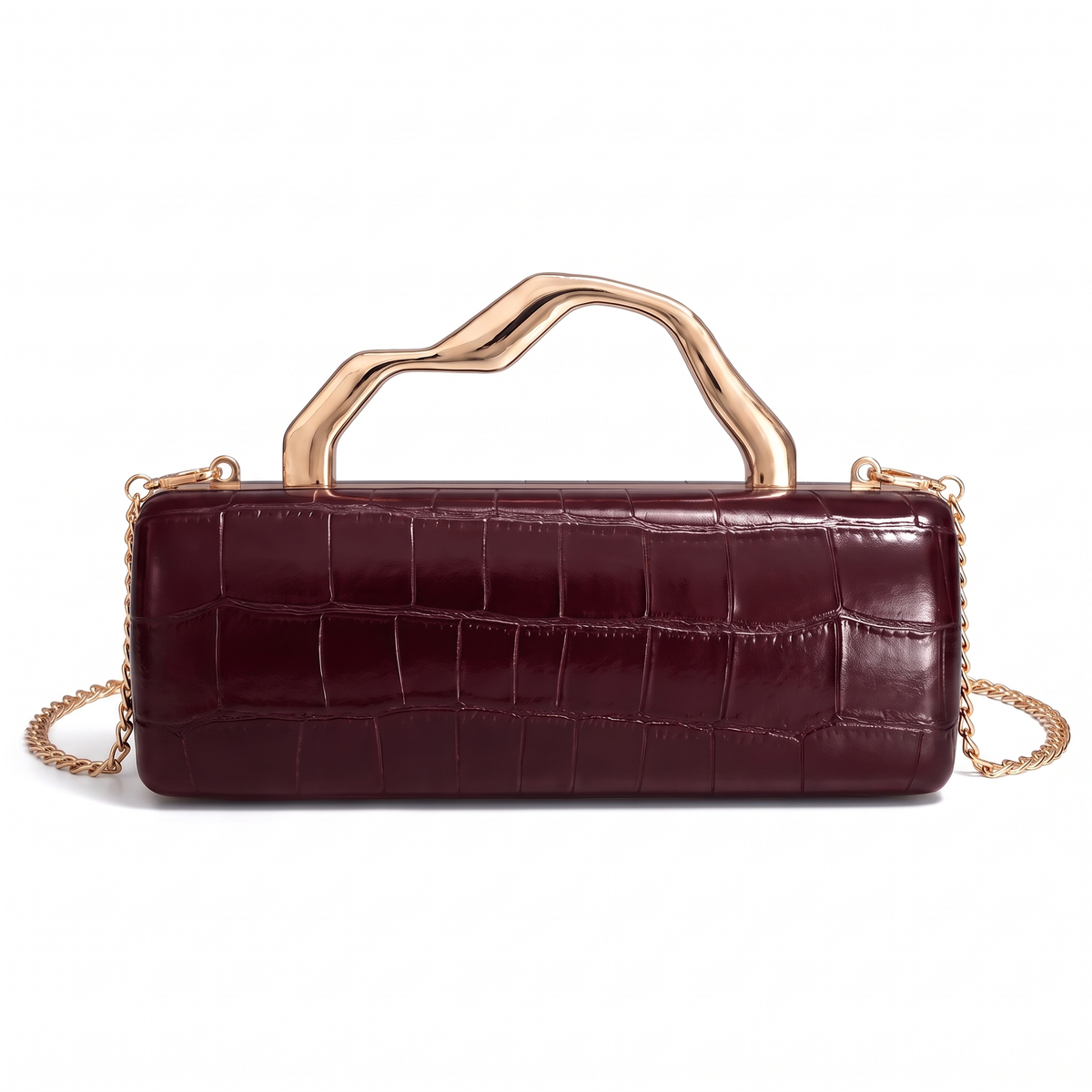 Croc Faux Leather Box Clutch for Women, Black Gold Wave Handle Evening Bag