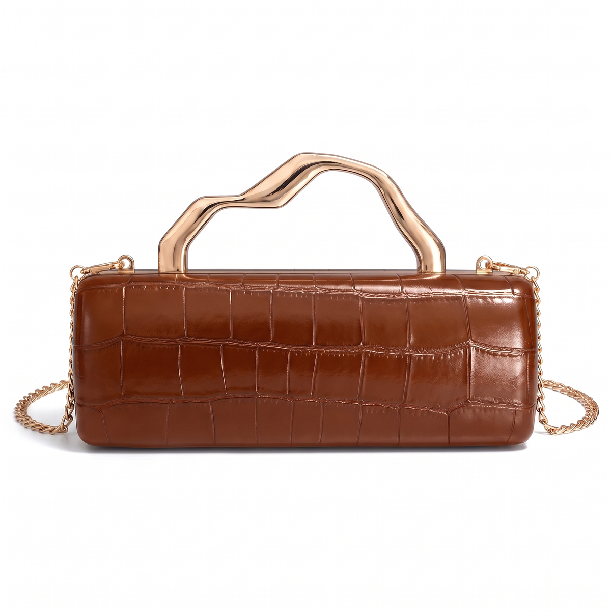 Croc Faux Leather Box Clutch for Women, Black Gold Wave Handle Evening Bag