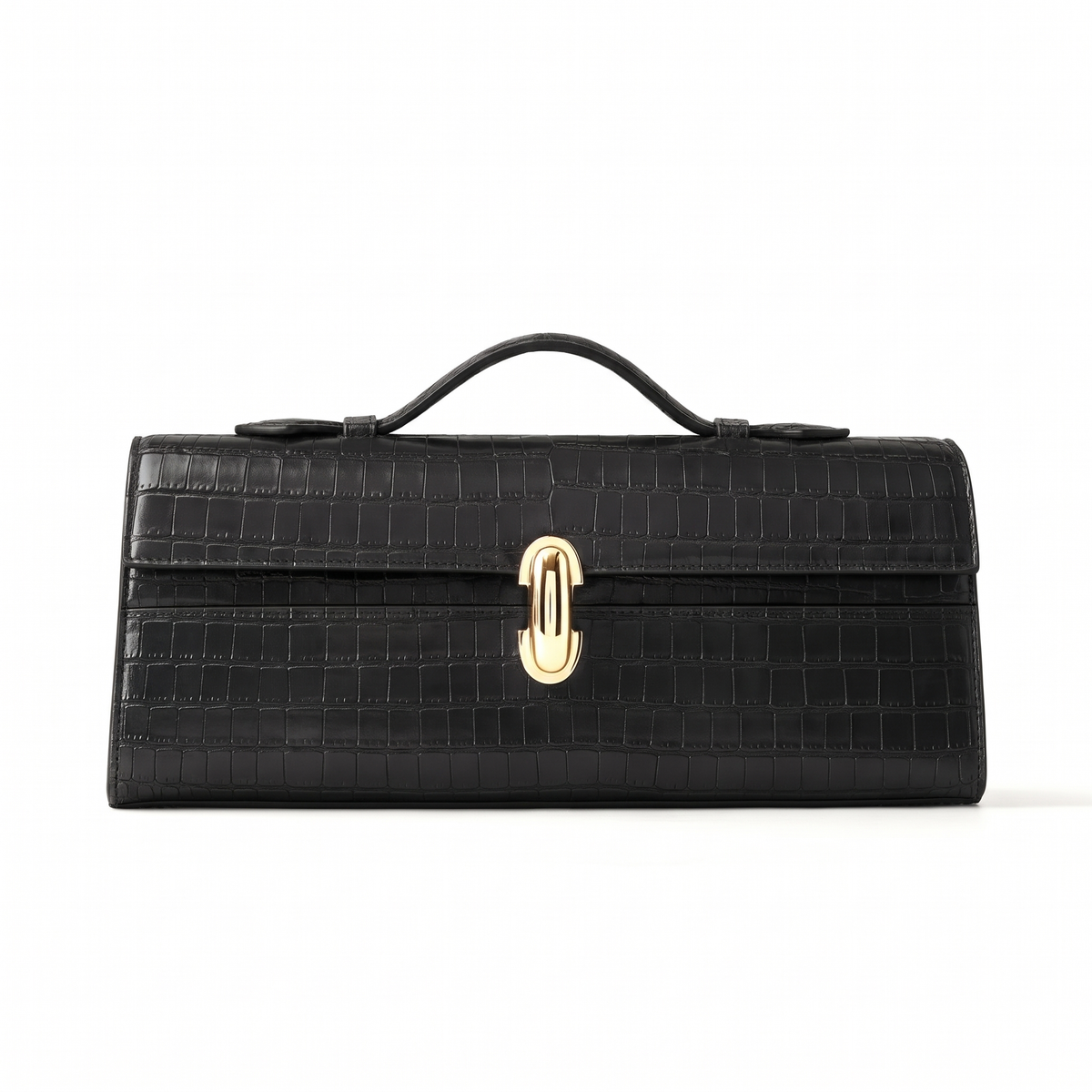 Croc Faux Leather Top Handle Clutch for Women, Black Long East West Bag