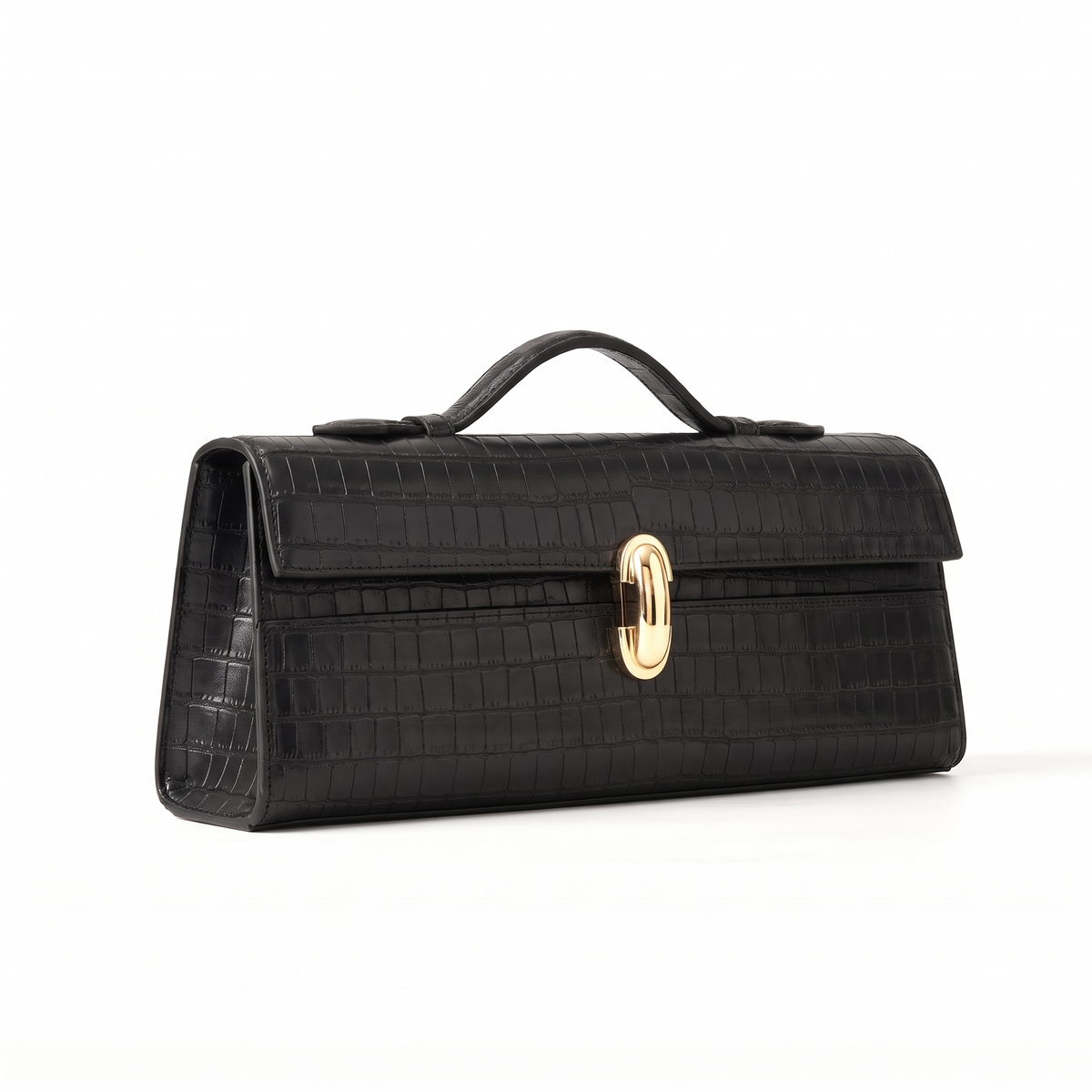 Croc Faux Leather Top Handle Clutch for Women, Black Long East West Bag