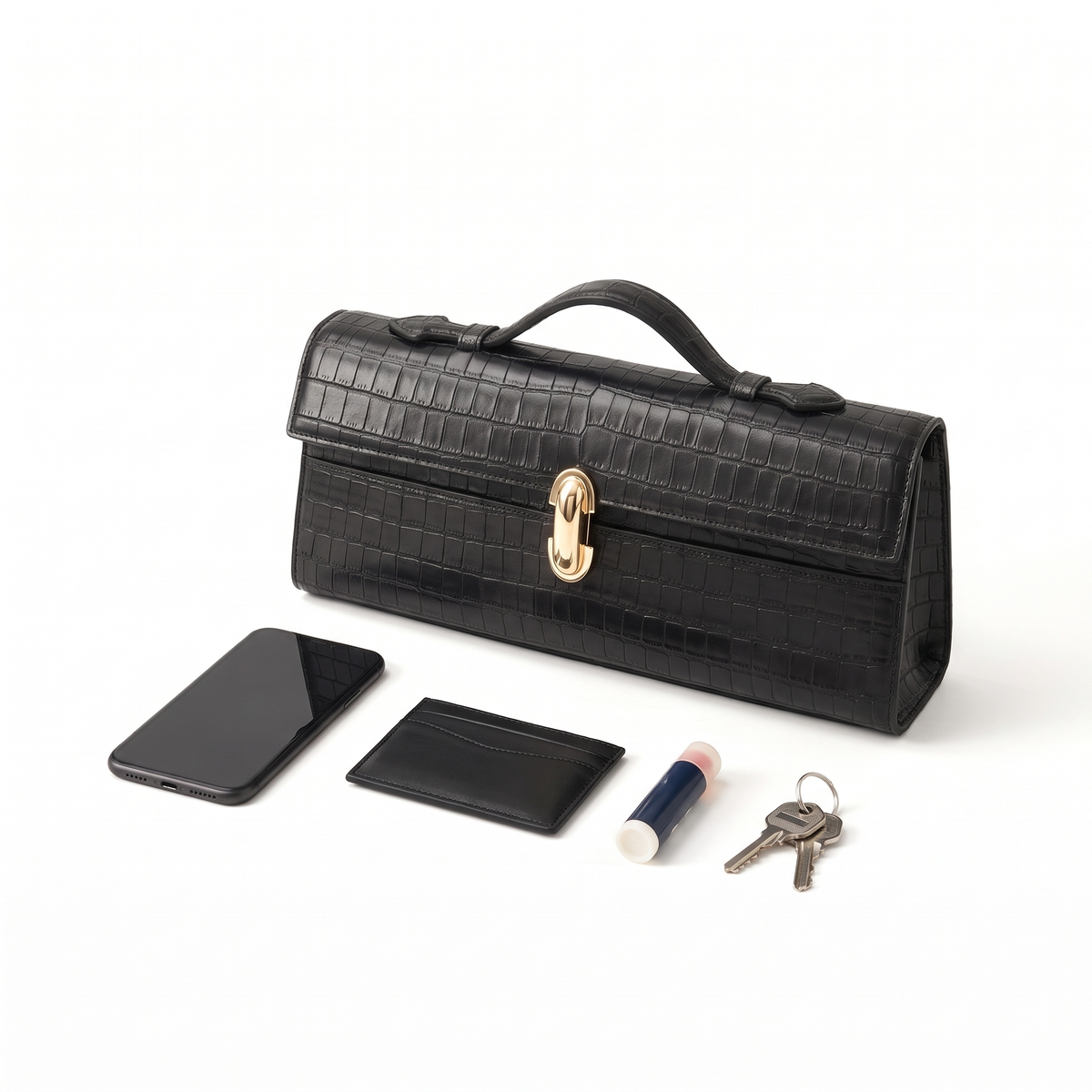 Croc Faux Leather Top Handle Clutch for Women, Black Long East West Bag