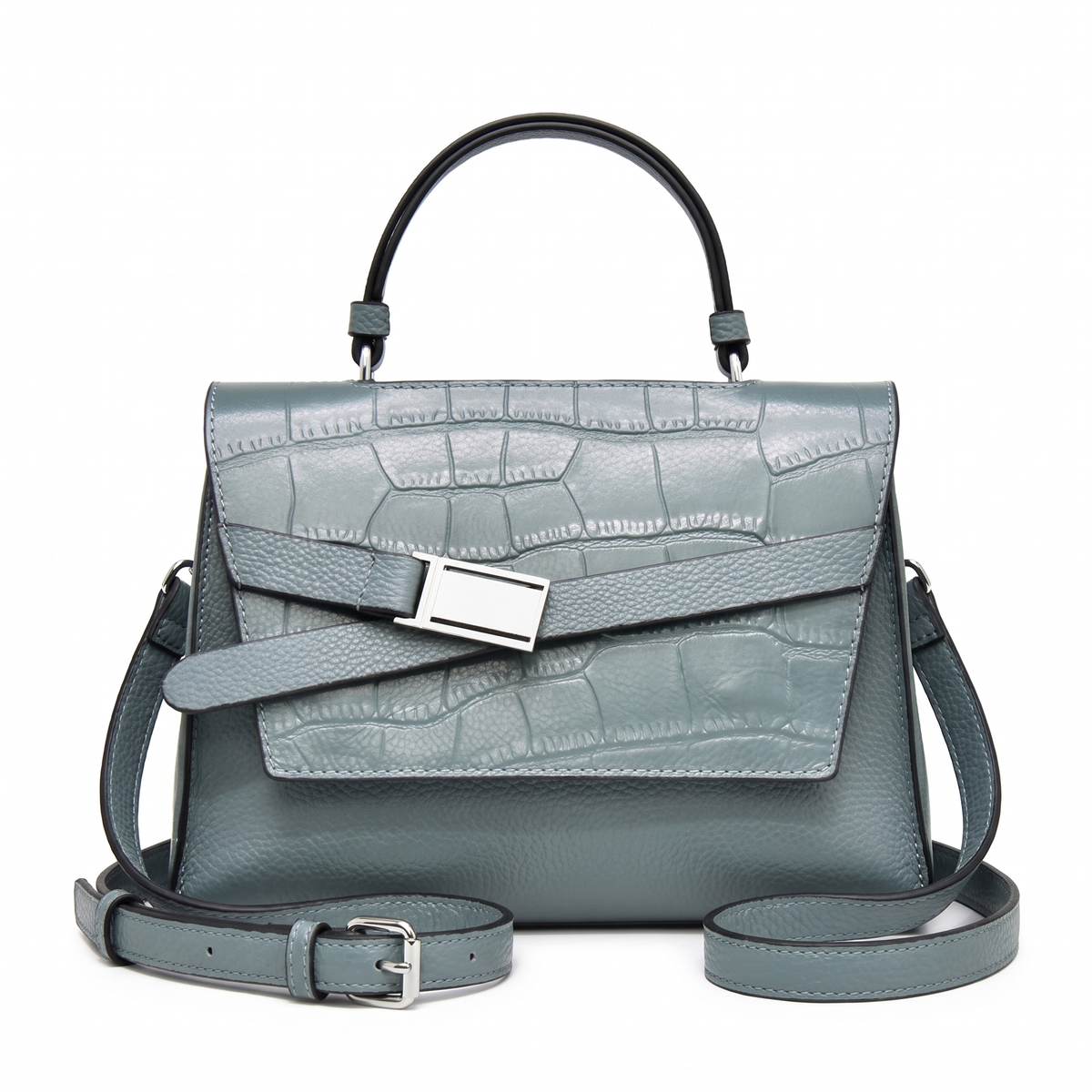 Croc Faux Leather Top Handle Satchel for Women, Dusty Blue Belted Flap Bag