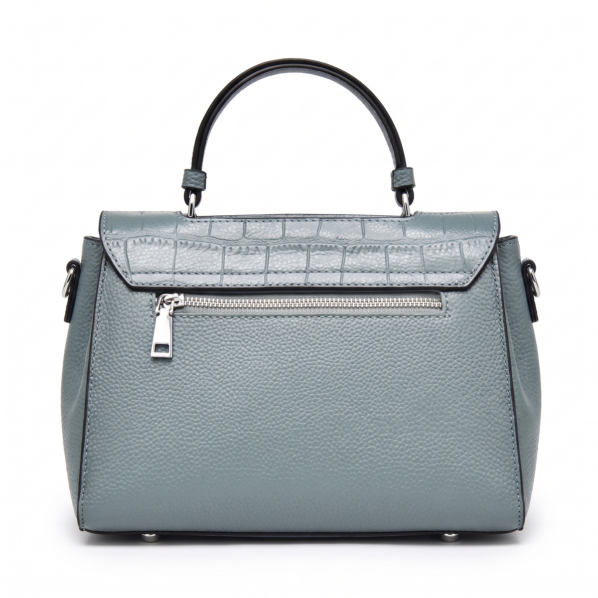 Croc Faux Leather Top Handle Satchel for Women, Dusty Blue Belted Flap Bag