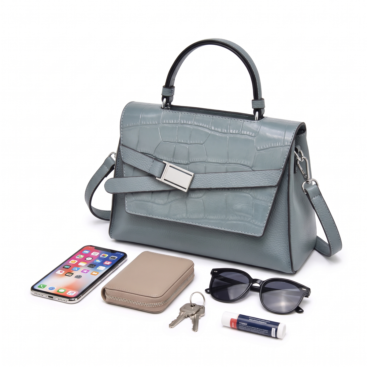 Croc Faux Leather Top Handle Satchel for Women, Dusty Blue Belted Flap Bag