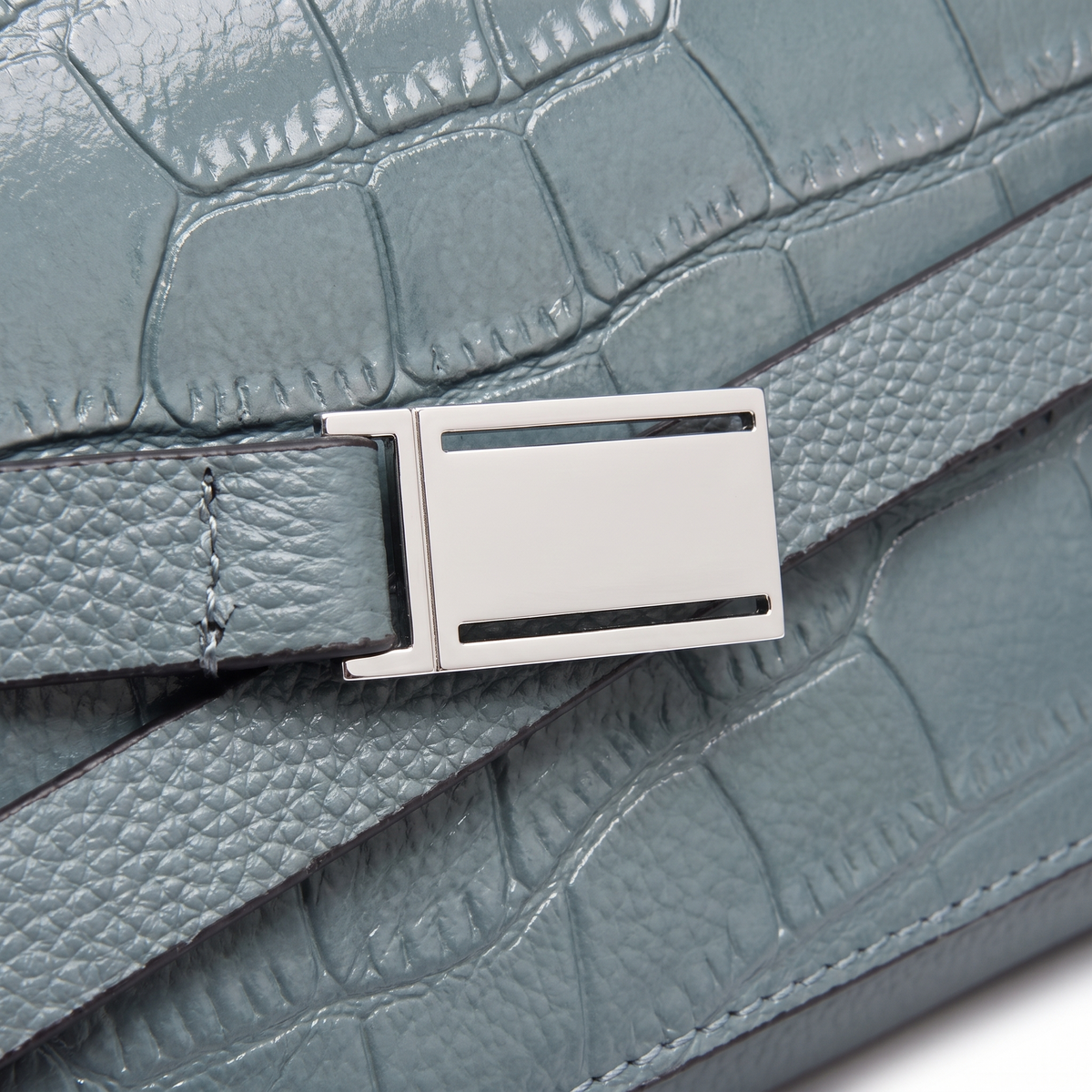 Croc Faux Leather Top Handle Satchel for Women, Dusty Blue Belted Flap Bag