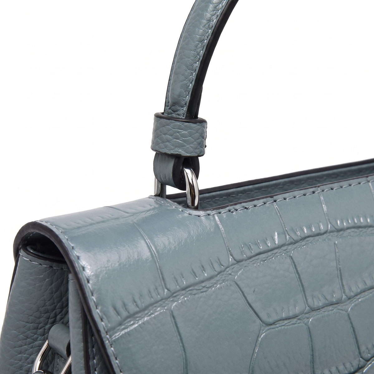 Croc Faux Leather Top Handle Satchel for Women, Dusty Blue Belted Flap Bag